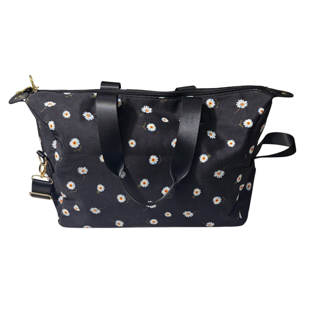 Alice + Olivia Daisy Floral Duffel Bag Black Canvas Crossbody Bee Charm Travel